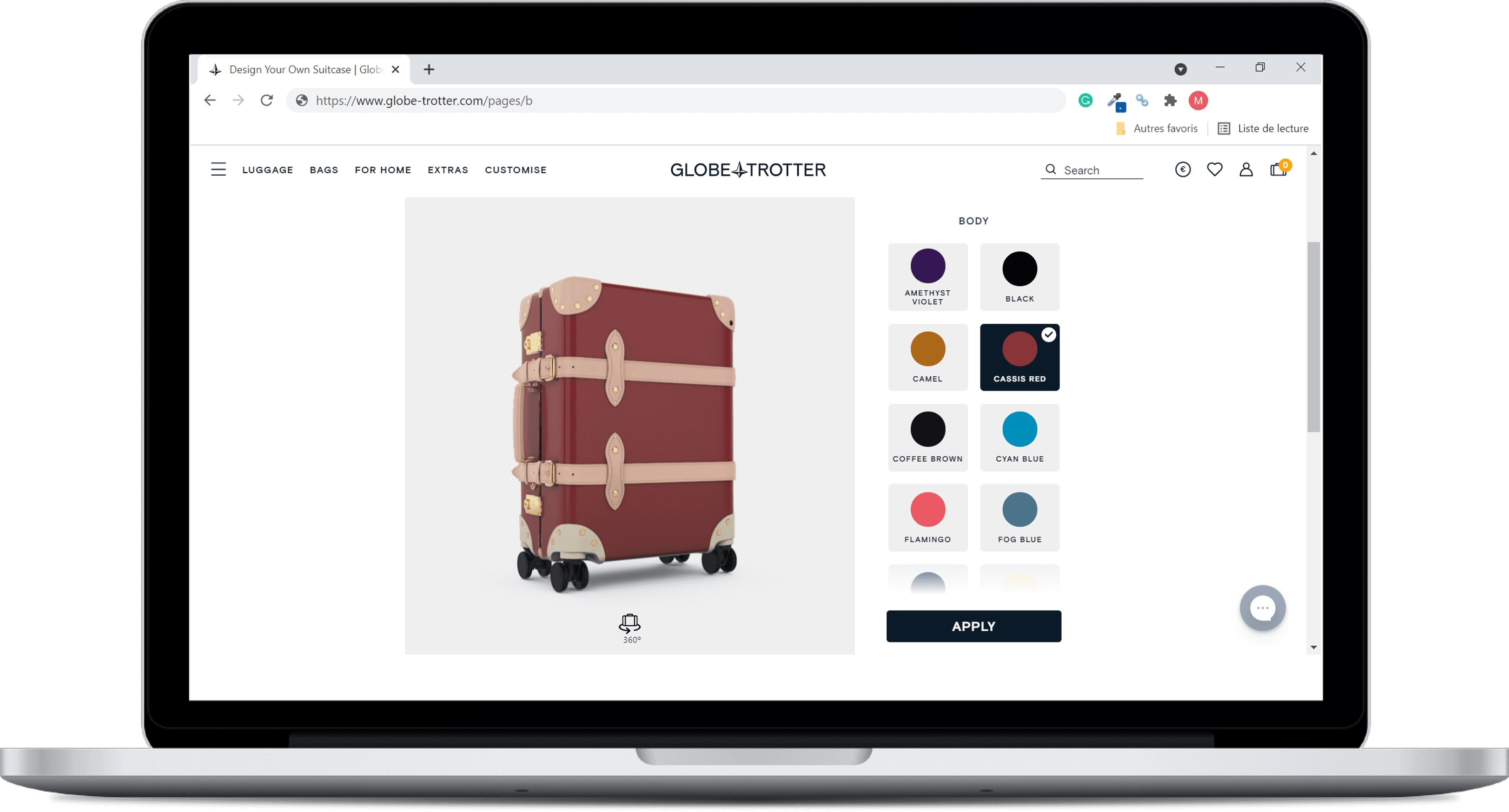 Globe trotter - a screenshot of product configurator on their website