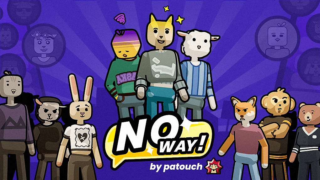 다채로운 스타일의 동물 머리 캐릭터들이 활기찬 보라색 배경에 배치된 "No Way! by patouch" 게임의 홍보 배너입니다.