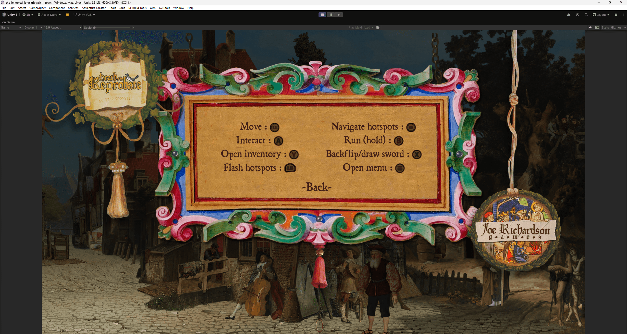 Unity 编辑器中打开的《不朽的约翰三联画》控制菜单的编辑器内屏幕截图。